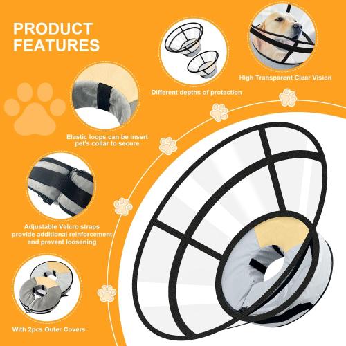 Sponge Core Dog Cat Cone Collar for After Surgery Recovery, Inflatable Dog Cone Alternative, Lainergie Dogs Donut Collar Adjustable with 2PCS Cover for Large Medium Small Dogs Cats (Grey Yellow, XL)
