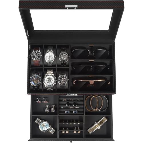 Jewelry Box for Men, 6 Slot Watch Box Jewelry Organizer With Drawer, Watch Case for Men with Large Window, 2-Layer Watch Holder, Sunglasses Storage Organizer, Velvet Lining, PU Leather, Gift Idea