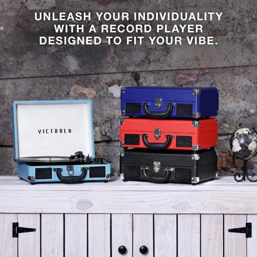 Victrola Journey Bluetooth Portable Suitcase Record Player – with Built-in Speakers, 3 Speed Vinyl Record Player, RCA Out, Headphone Jack (Cognac)