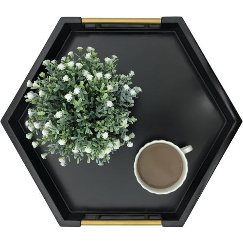 Serving Tray with Polished Metal Handles, Hexagon Coffee Table Tray, Modern Rectangle Decorative Tray, Large Ottoman Tray, Perfect for Storage and Display (Black Hexagon)