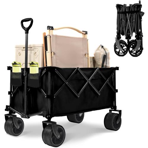 Black 400L Heavy Duty Folding Wagon Cart-450LBS Capacity All-Terrain Beach Cart with Big Wheels & Drink Holders-Push/Pull Utility Cart for Groceries, Camping, Sports, Shopping (Black)
