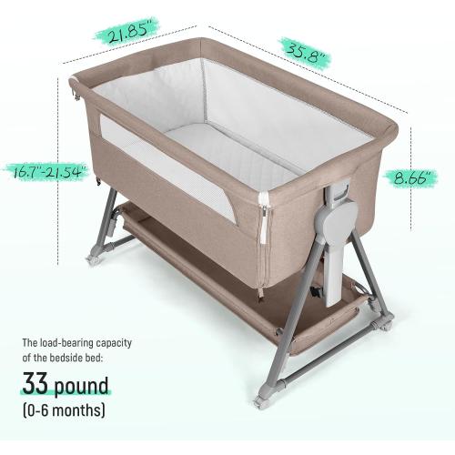 Cowiewie Bassinet Bedside Sleeper, Baby Bassinet with 7 Adjustable Height, Bedside Bassinet for Baby with Storage, Breathable Mesh & Mattress, Portable Bassinet Easy Folding (Baby Brown)