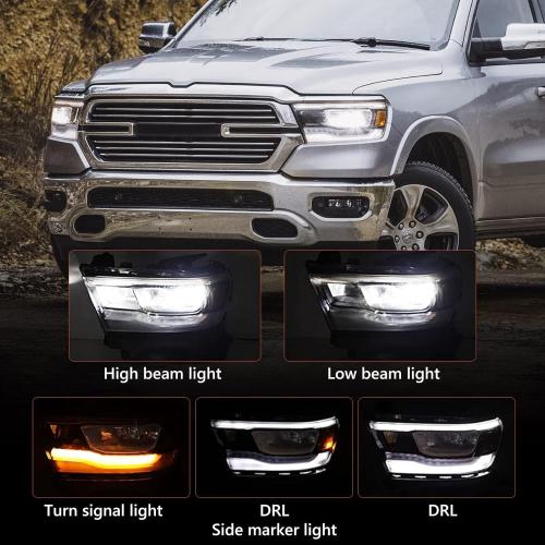 FIONE LED Headlight Assembly Compatible with Dodge Ram 1500 2019-2022 Replacement Headlamp with Silver Frame Driver Left Side LH 68533273AB CH2502332