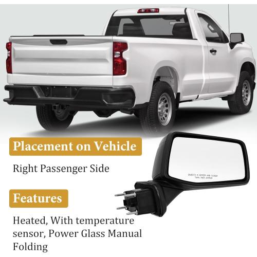 Right Passenger Side Mirror Replacement for Chevry Silverado 1500 for GMC Sierra 1500 2019-2024 7-Pins With temperature sensor Power Heated Glass Manual Folding, GM132158 84823219 84823220 84823216