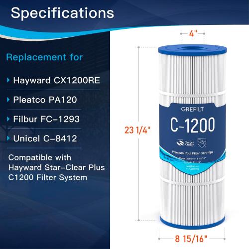 C1200 Pool Filter Cartridge, 120 sq.ft | Replaces Hayward C1200, CX1200RE, Pleatco PA120, Unicel C-8412, Filbur FC-1293, 23 1/4 x 8 15/16