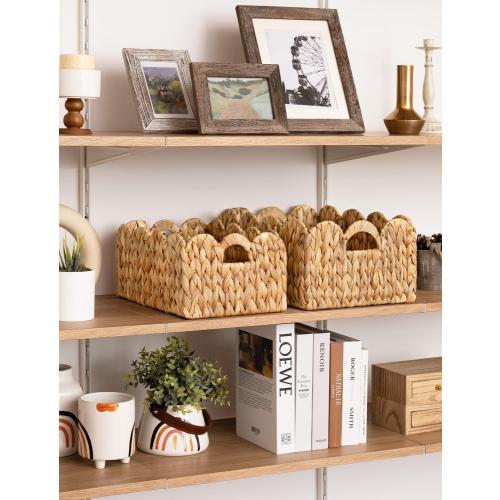 StorageWorks Scalloped Edge Wicker Basket, Hand-woven Rattan Baskets with Built-in Handles, Water Hyacinth Basket for Organizing and Decor, 2 Pack