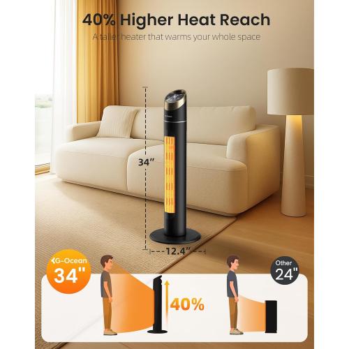Space Heater for Indoor Use, 34 Space Heater for Large Room, 1500W Tower Heater with Remote, Adjustable Thermostat, 12H Timer, 70° Oscillation, Overheat & Tip-Over Protection, Black