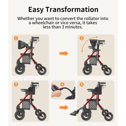 VOCIC Z51 Walker for Seniors, 2 in 1 Walker Wheelchair Combo, All Terrain | Foldable Rollator Transport Chair for Adults, Converts to Wheelchair with Detachable Footrests, Brakes&Pouch, Red