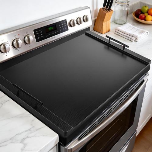 Noodle Board Stove Cover with Handles, Wood Stove Top Covers for Electric Stove and Gas Burners, Wooden Decorative Serving Tray Kitchen Sink Cover for Counter Space (Black)