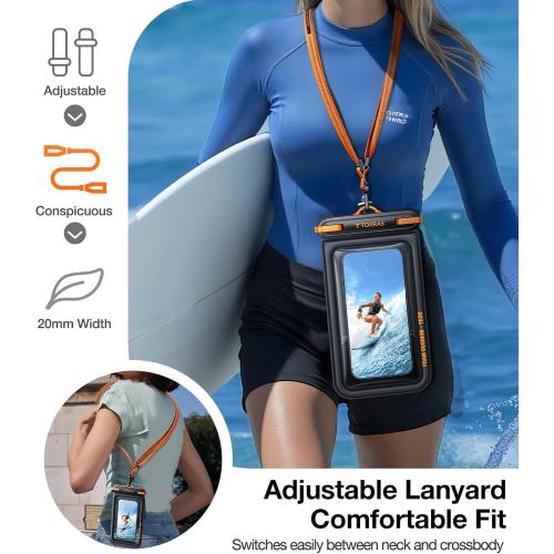 7 Black TORRAS IP68 Waterproof Phone Pouch Double Space, Floating Waterproof Phone Case with Lanyard for iPhone 16 Pro Max 15 14 13 S25 S24, Phone Dry Bag Vacation Cruise Ship Travel Essentials 7.0'', Black