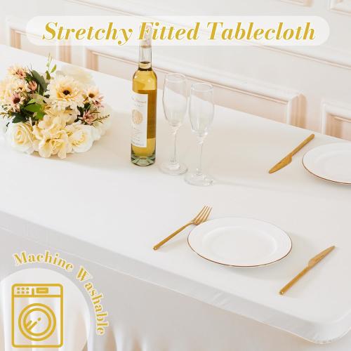 gogoparti 1 Pack Spandex Ivory Fitted Table Cloth for 6ft Rectangle Tables Ivory Stretch Tablecloth Banquet Table Covers Skirt Wrinkle Free Tablecloths for Parties Wedding