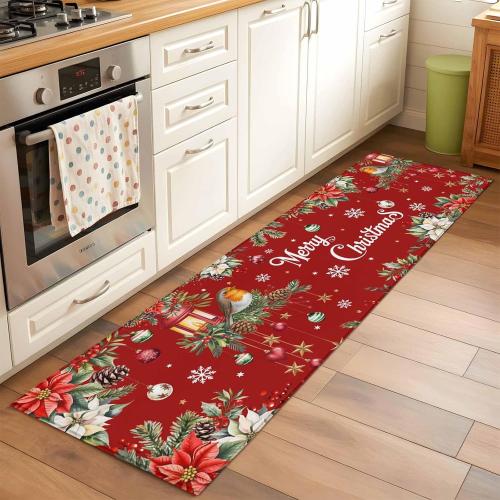 Rectangle Area Rug 24x72in, Christmas Bird Ball Poinsettia on Red Floor Carpet for Living Room Bedroom Rug, Pine Branches Snowflake Washable Soft Non-Slip Floor Mat Entrance Mat