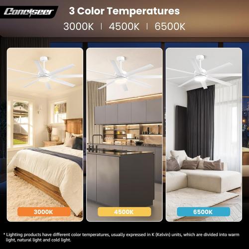 Modern Ceiling Fans with Lights, 65 Inch Ceiling Fan with Light and Remote for Bedroom Living Room Kitchen Office, Indoor/Outdoor Use, 24W 6CCT 8 Blades 6 Speed Reversible Quiet DC Motor, White