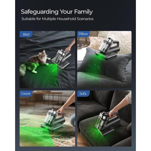 Teant Powerful Mattress Bed Vacuum Cleaner, 2-Speed (14kPa/18kPa) Mattress Vacuum with Green Light Dust Detection, 253.7nm UV-C Light, LED Display, HEPA Filter, 149℉ Heat, Aroma for Bed Couch Carpet