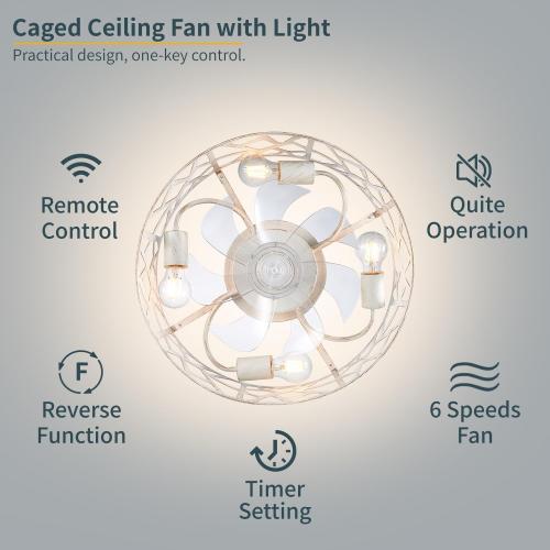 Flush Mount Fandelier Ceiling Fan with Lights and Remote, 18 inch Caged Ceiling Fan with Light Vintage White, Farmhouse Ceiling Fans for Bedroom, Kitchen, Living Room
