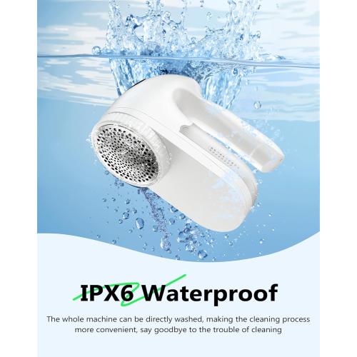 IPX6 Waterproof Washable Electric Fabric Shaver and Lint Remover, Rechargeable Sweater Defuzzer with 3 Free Extra Blades, Quickly and Effectively Remove Fluff, Fuzz, Bobbles for Clothes, White