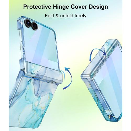 Blue Cyan Btscase for Samsung Galaxy Z Flip 7 Case,Built in Front Screen Protector,Gold Glitter Marble Pattern Hard PC Slim Shockproof Full Body Drop Protective Case for Galaxy Z Flip 7 5G (2025)