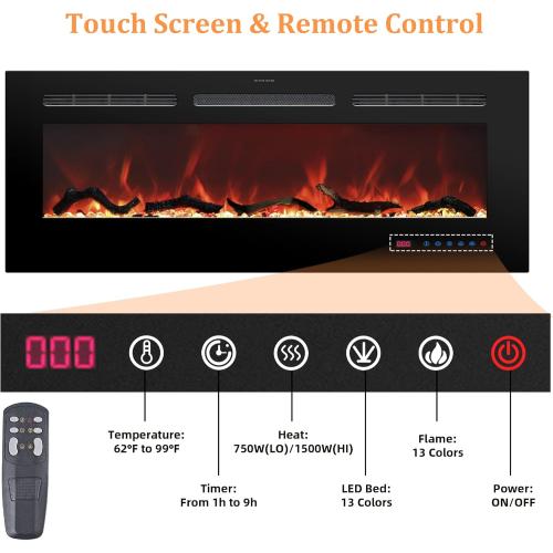 Size 30 Electric Fireplace 30 inch Wide, Wall Mounted Fireplace Inserts Electric Heater, 13 * 13 Flame Effects Like Real Flame, Low Noise, Timer & Thermostat Setting, 750W/1500W, Black