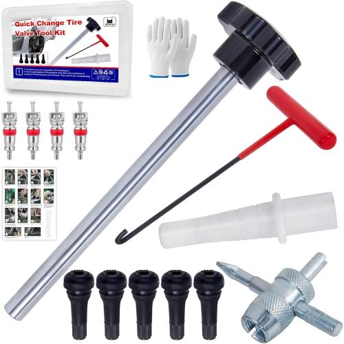 Quick Change Tire Valve Tool Kit,Tire Valve Stem Core Quickly Replacement Tool Kit,Perfect Tool for Replacing Leaky Valves in Cars,ATVs,Trucks,Motorcycles, etc.with 5 TR413 Valve,4-Way Valve Tool