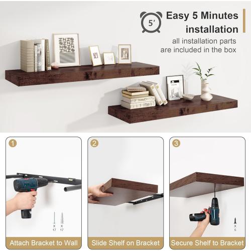 12 Deep Rustic Brown Floating Shelves,Over Toilet Long Wall Mounted Modern Farmhouse 36 inches,Wall Shelves with Invisible Brackets for Bedroom, Bathroom, Living Room, Kitchen, Set of 1