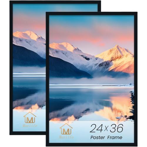 24×36 Black Poster Frame 2 Pack, Engineered Wood Movie Poster Picture Frames with Plexiglass Cover and Hanging Hardware for Horizontal or Vertical, Large