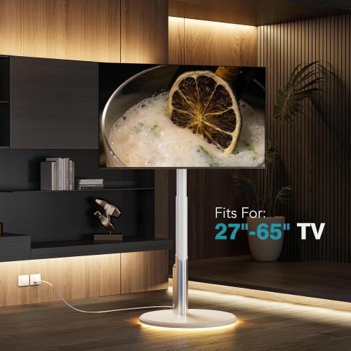 Size 27-65 Inch Floor Mobile TV Stand with Power Outlet, Rolling TV Cart for 27-65 Inch OLED LED Monitors, 6 Levels of Height Adjustment, Ambient Lighting on The Bottom Wheels Holds up to 88lbs, 400x400mm