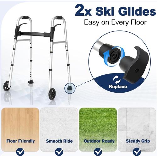 Folding Walkers for Seniors with 2 Skis and 5 Wheels, Lightweight Adult Rolling Walker, Supports Up to 350 Pounds, Adjustable Height, Aluminum Standard Walker, Silver