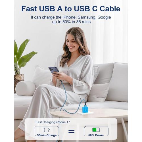USB Type C Cable 10ft for iPhone 17/16/15 Charging Cable, 2Pack Extra Long Braided USB C to USB A Cord for iPhone 17 Pro Max,17,17 Air,17e,16,16e,16Pro Max,15,15 Pro,15 Plus-Car CarPlay Power Cord