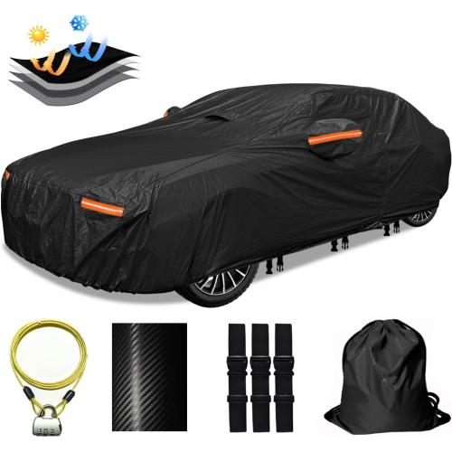 30 Layers Car Cover for Automobiles All Weather Waterproof, Outdoor Snowproof UV Protection Windproof, Door Zipper, Soft Cotton, Heavy Duty Universal Car Covers, (Black, Fit Sedans 181-190)