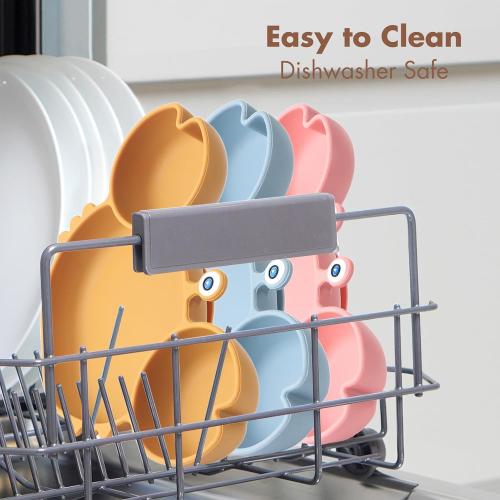 Suction Plates for Baby, Silicone Plates with Suction Divided, Baby Spoon Fork Set for Toddler Baby Dishes Kids Utensils-Crab Dusty Blue