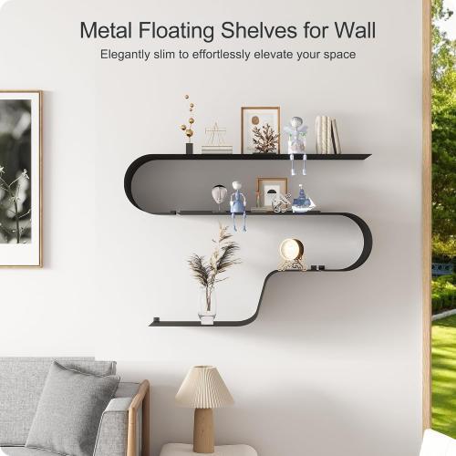 Black Floating Shelves Set of 3, Black Metal Decor, Unique Mounted Floating Shelf, Modern Long Wall Shelf, Large Wall Shelves for Bedroom, Bathroom, Living Room
