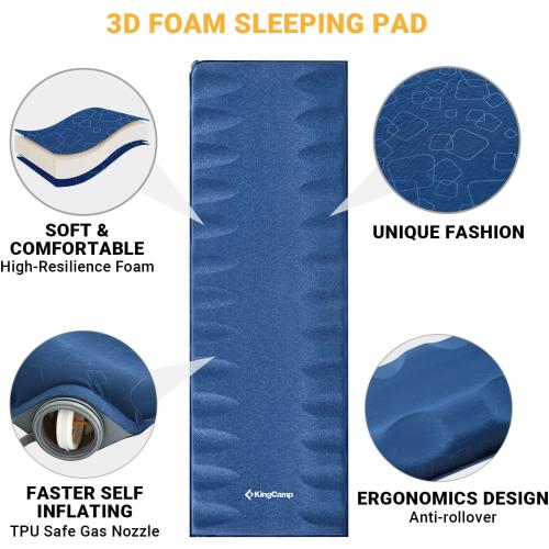 Dark Blue KingCamp Self Inflating Sleeping Pad 3D Inflatable Folding Sleeping Pad, Ultralight Camping Air Mattress for Tent Hiking and Adults,
