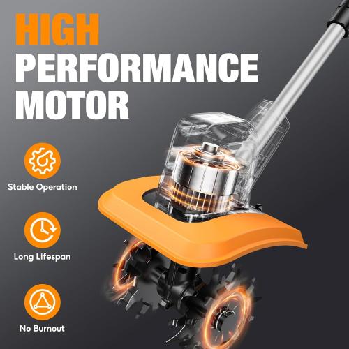 SOARFLY Upgraded Cordless Tiller for Gardening with Dual 2.0Ah Batteries, 48 Steel Tines Battery Rototiller, 9 Width 6.6 Depth Garden Tiller Cultivator for Soil, Tending & Composting (Orange)