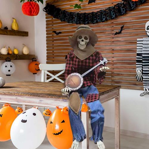 Color Red and yellow plaid Halloween Banjo Playing Skeletons - Dueling Poseable Skeletons with Light, Red & Yellow