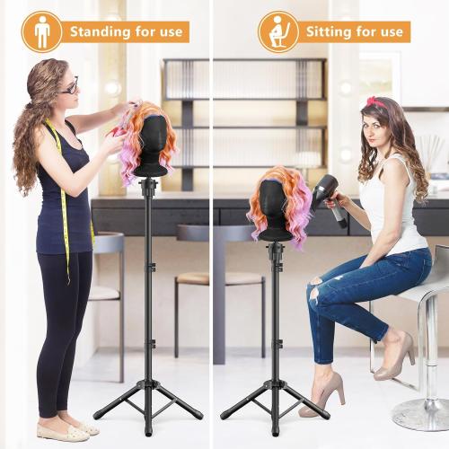 Wig Head Stand 50 Inches, Height Adjustable Tripod Wig Stand, Salon Mannequin Head Stand with Anti-Slip Base for Styling, Wig Display Barber Training, Beauty School​ (Black)