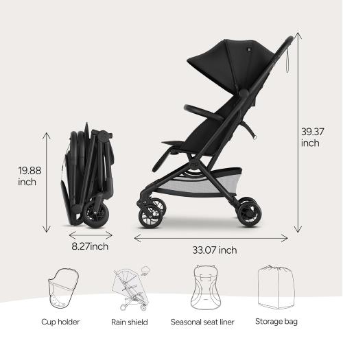 Mompush Velo Lightweight Travel Stroller, Compact & Airplane-Friendly for Baby and Toddler, Lie-Flat Seat, One-Hand Fold, with Leather Bumper Bar, Shoulder Strap, Raincover, Storage Bag & Cup Holder