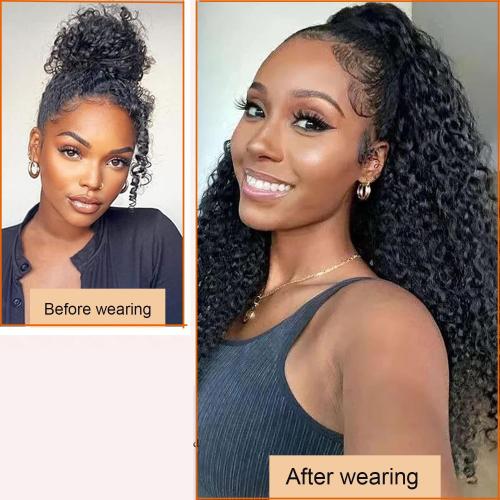 Drawstring Ponytail Afro Kinky Curly Ponytail Extension for Women 20” Synthetic Heat Resistant Protective Style Hair Pieces (Black)