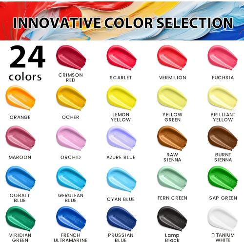 40 Pcs Acrylic Paint Set - 24 Colors (2oz/60ml) with 12 Brushes, 2 Knives & Palette - Rich Pigments for Adult, Artists & Beginners - Painting on Halloween Pumpkin Canvas Ceramic Rock Wood