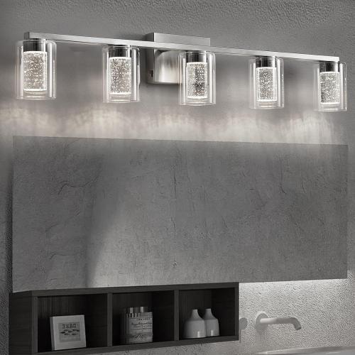 SADENICEL 5 Light Bathroom Light Fixtures, Brushed Nickel Vanity Lights Crystal Dimmable LED White/Neutral/Warm Bathroom Lights Over Mirror for Bathroom, Bedroom,Living Room (5 Light)