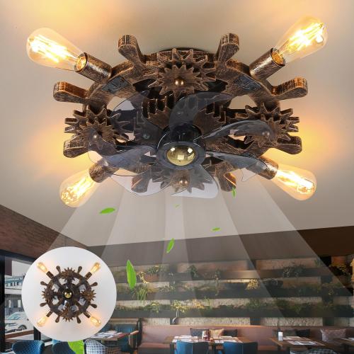 18.9 Vintage Industrial Small Ceiling Fans with Lights and Remote,Wooden Rudder Low Profile Fandelier Ceiling Fan with Light,Flush Mount Bladeless Ceiling Fan for Kitchen,Bedroom,Cafe Bar