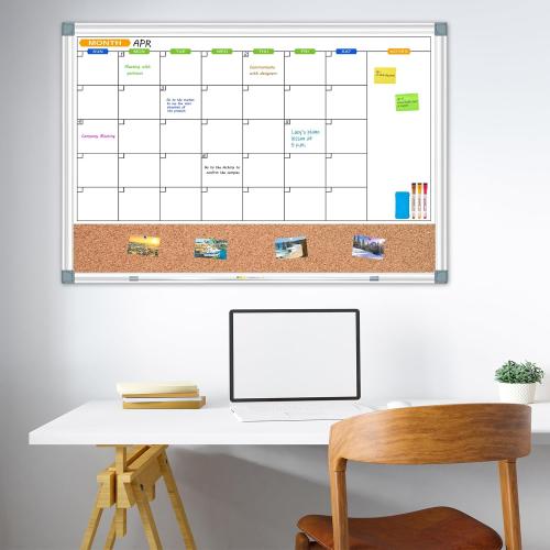 Monthly White Board Calendar Dry Erase Cork Board Combo for Wall, Double-Sided 36 x 24 Magnetic Calendar Whiteboard & Bulletin Board, Portable Dry Erase Board for Home, Office, School