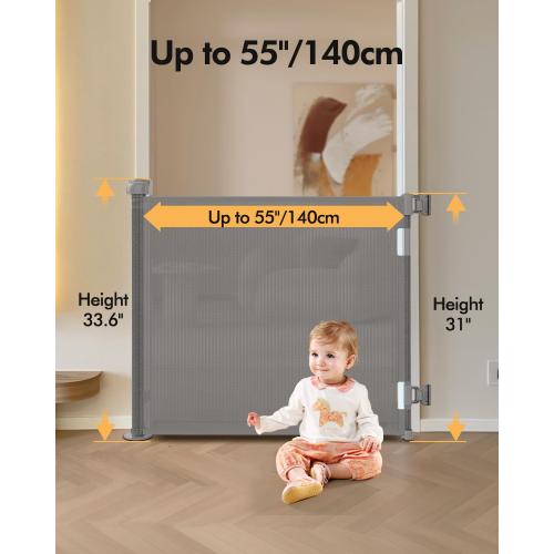 Retractable Baby Gate for Stairs & Doorways, 55 Wide x 33.6 Tall Easy Installation Mesh Dog Gate for Indoor & Outdoor Use,Pet and Dog Safety Gate for Hallways(Grey)