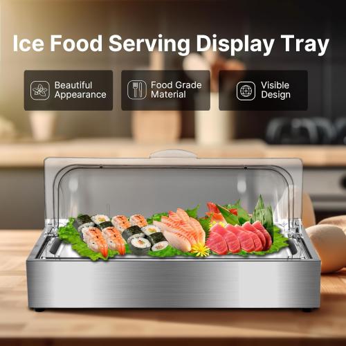 Ice Food Serving Display Tray, Cold Serving Plate with Clear Roll Top, 5QT Stainless Steel Food Serving Tray, Cooling Food Dishes Display Plate for Home, Buffet, Restaurant, Hotel and Party