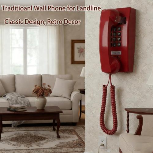 Retro Wall Phone Landline Ringer On/Off, Updated 2544 Wall Telephone,Vintage Wall Mounted Telephone Metal Base, Old Wall Phones for Landline, Backup Wall Phone for Home, Kitchen,Red