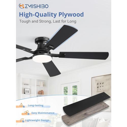ZMISHIBO 52 Inch Ceiling Fan with Light, App&Remote Control, Flush Mount Low Profile, Dimmable 20W LED Light, Quiet Reversible Motor for Bedroom, Living Room, Apartment, Black