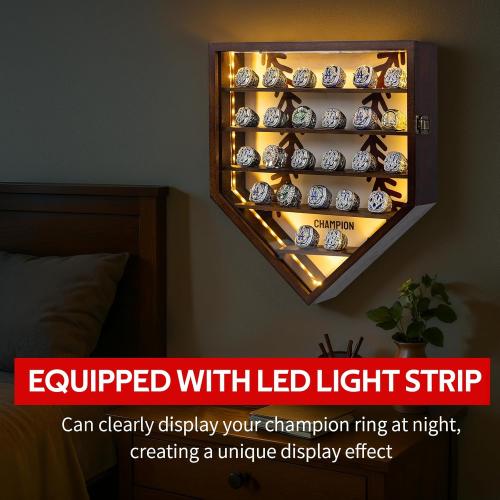 Championship Ring Display Case Display 25pcs Rings,Baseball Ring Display Case with LED Light,Wall Mount Wooden Shadow Box for Multiple Ring