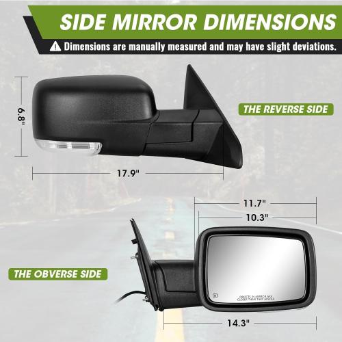 Passenger Side Mirror for 2009-2018 Ram 1500 2010-2018 Ram 2500 3500 2019-2024 1500 Classic Tow Mirror Power Heated Turn Signal Puddle Light Manual Folding-Right