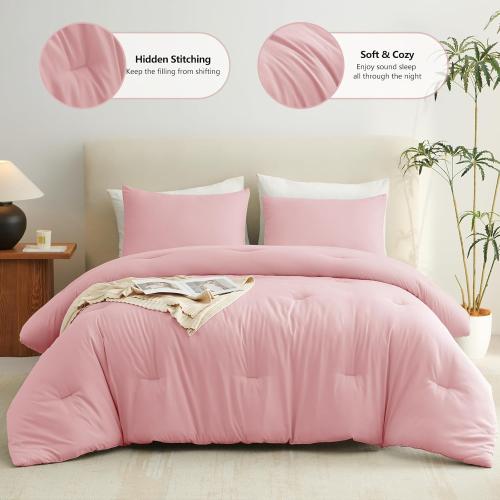 Comforter Set Pink, 3 Pieces Lightweight Comforters Quilted Bedding Sets, All Season Breathable Solid Down Alternative Comforter with 2 Pillowcases, Bed Set Gift for Home