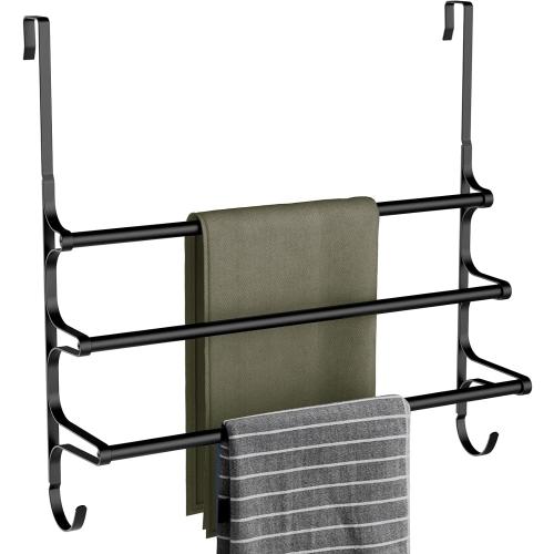 Over The Door Towel Rack, Extendable Triple Towel Storage Holder with Hooks, 24.02 Inches Towel Bar Hanger Towel Racks for Bathroom (Black)
