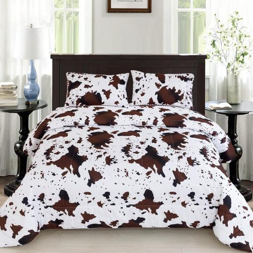 PERFEMET 3Pcs Cow Comforter Set King Size Rustic Cow Print Western Bedding Sets Farmhouse Reversible Checkered Cowhide Bed Quilt Set with Pillowcases (Brown White, King)
